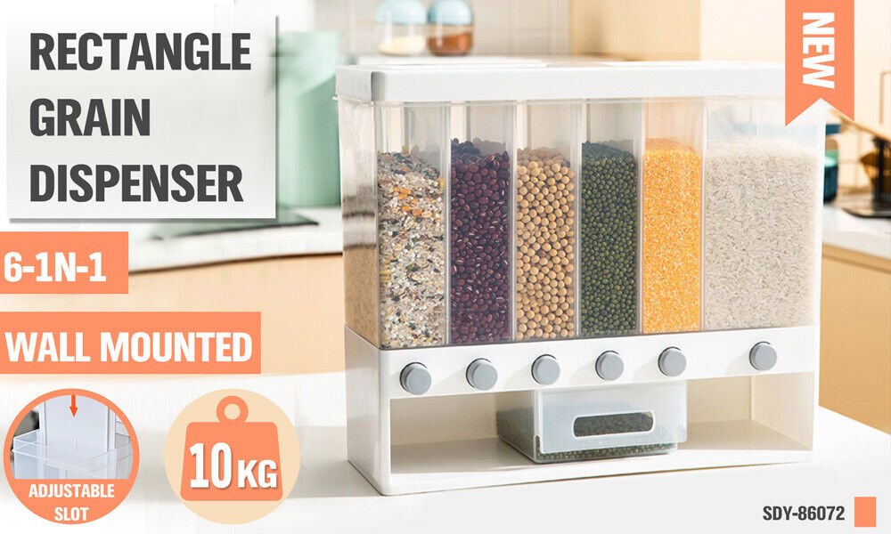 HORUSDY Grain Container and Cereal Dispenser with 6 Adjustable Compartments, Wall-Mounted or Freestanding Design, Food Grade PP Plastic, 10 Kg Capacity for Storing Grains, Rice, and Dry Foods