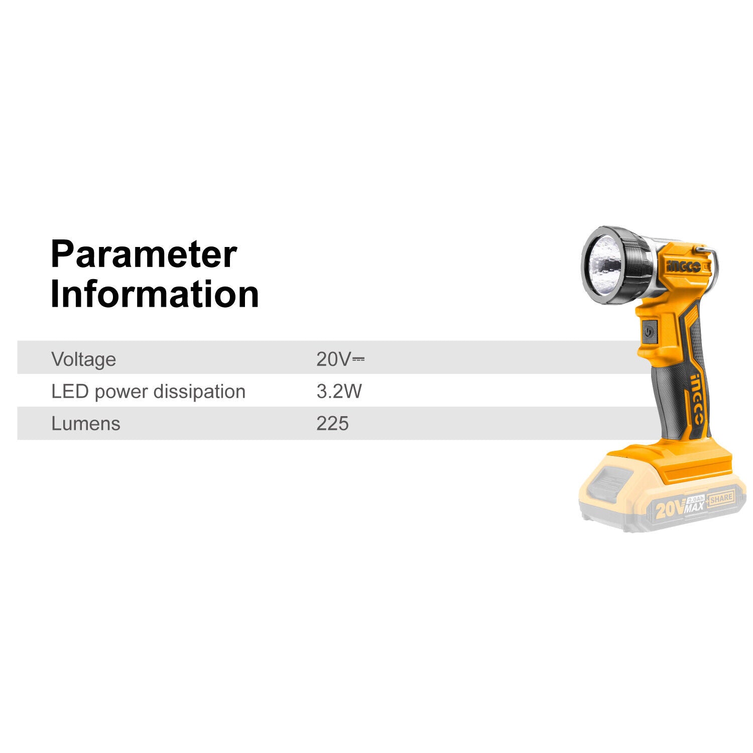 INGCO 20V LED Cordless Work Light with 90-Degree Adjustable Head and Integral Hook