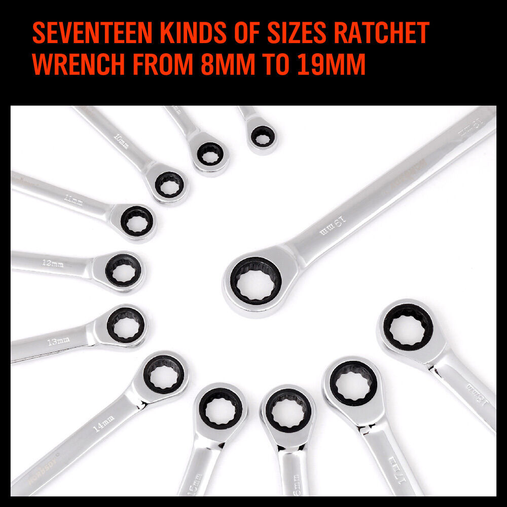 Complete 12-Piece Metric Ratchet Spanner Set in Sizes 8-19mm Made of Chrome Vanadium Steel, Including a Convenient Rolling Bag