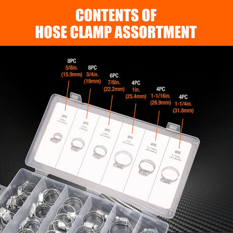 Durable 34Pc Assorted Hose Clamp Set with 6 Sizes for Fuel Lines and Pipes