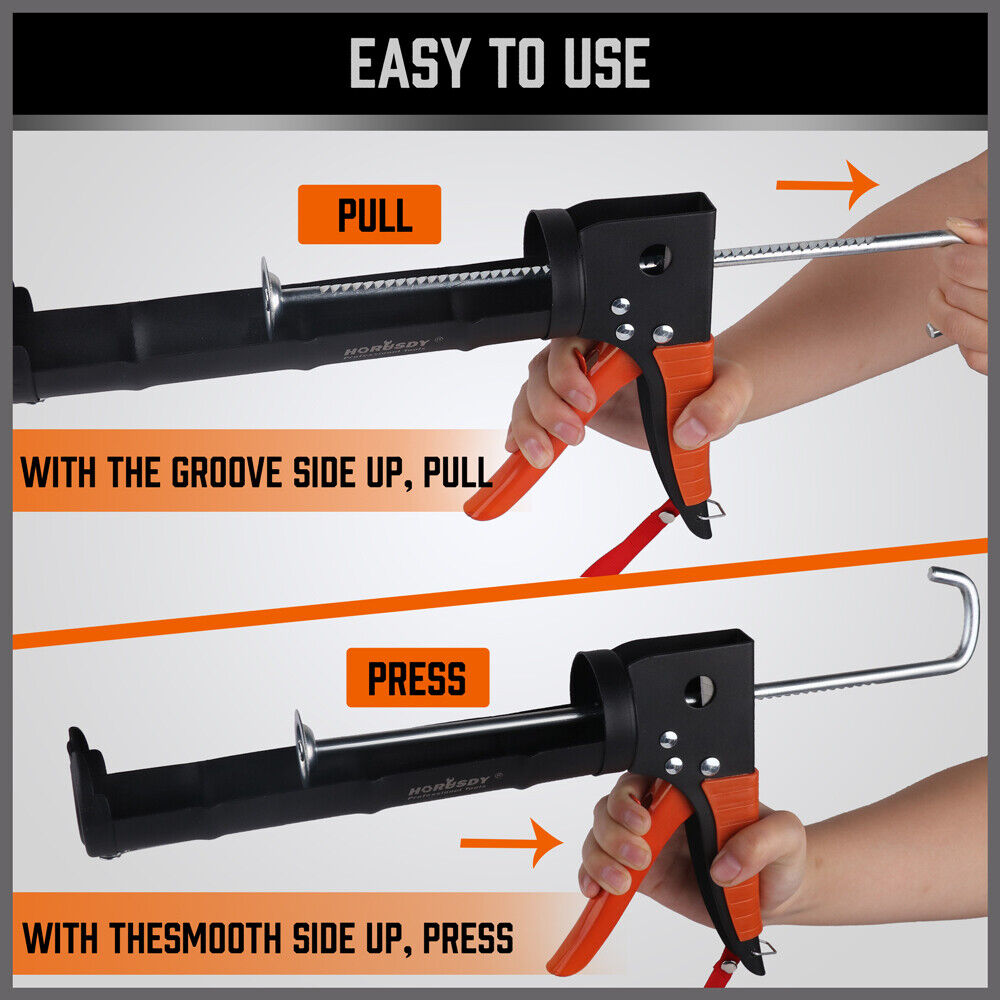 HORUSDY 9-inch Caulking Gun with High Thrust Ratio and Drip-Free Technology, Featuring Ergonomic Grip, Revolving Barrel, Seal Punch, and Ladder Hook for Professional Sealing Applications