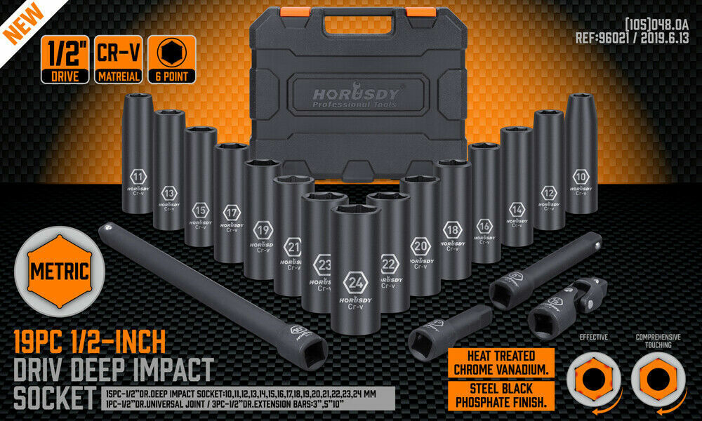 Durable 19-piece deep impact socket set with extensions and flexible adapter, made from chrome vanadium steel, in sizes 10-24mm for versatile use