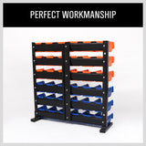 Wall-mounted bin storage rack with 36 detachable bins for organized workshop tools and accessories.
