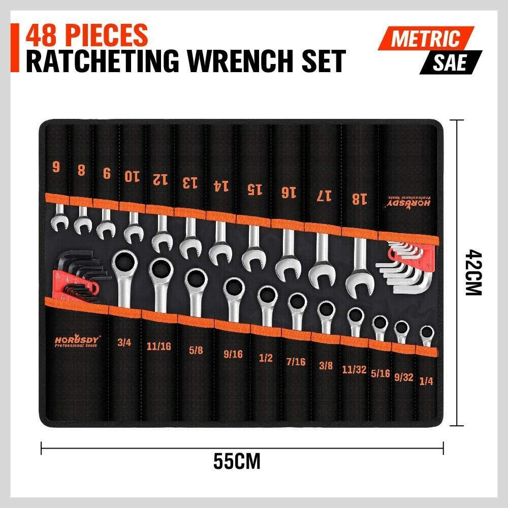 48-Piece Ratchet Wrench and Hex Key Set. Durable, efficient ratcheting. Precise and versatile. Comes with rolling pouch.