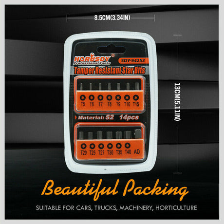 Durable 14-Piece Torx Key Bit Set Ranging from T5 to T40 with Drill Adapter and Holders