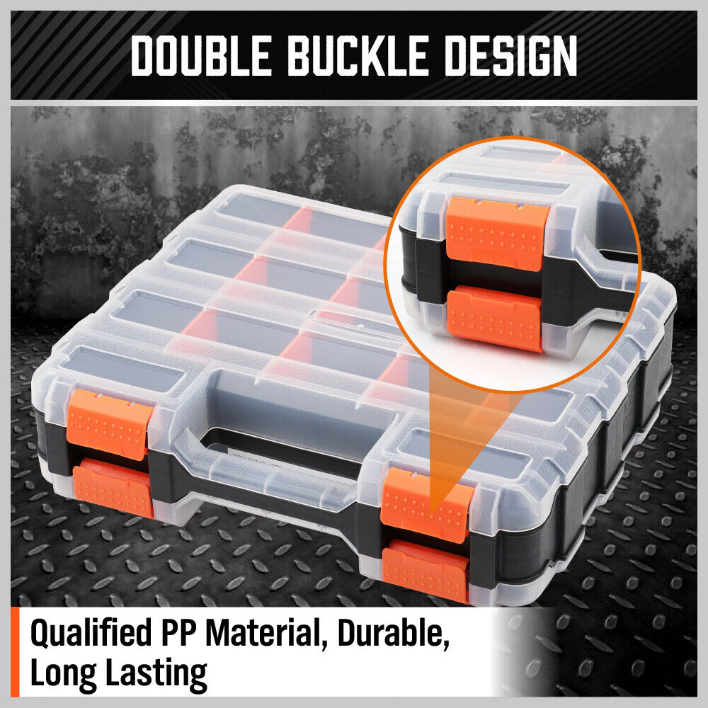 HORUSDY Double-Sided Tool Box with 34 Compartments, Removable Dividers, and Durable Impact-Resistant Design