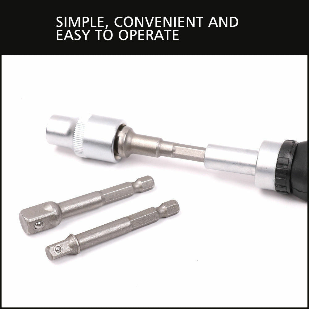 16-piece socket bit adaptor set including various nut drivers and extenders for power drills and screwdrivers, with different sizes for versatile use