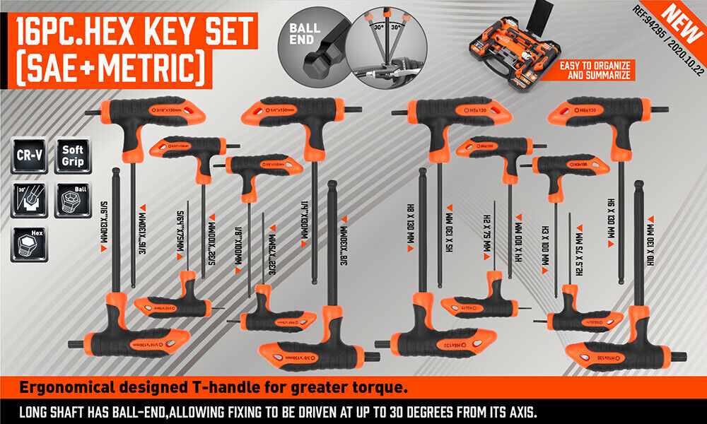 16-piece set of T-handle hex wrenches with ball ends, metric and imperial sizes, featuring ergonomic grips for comfortable use