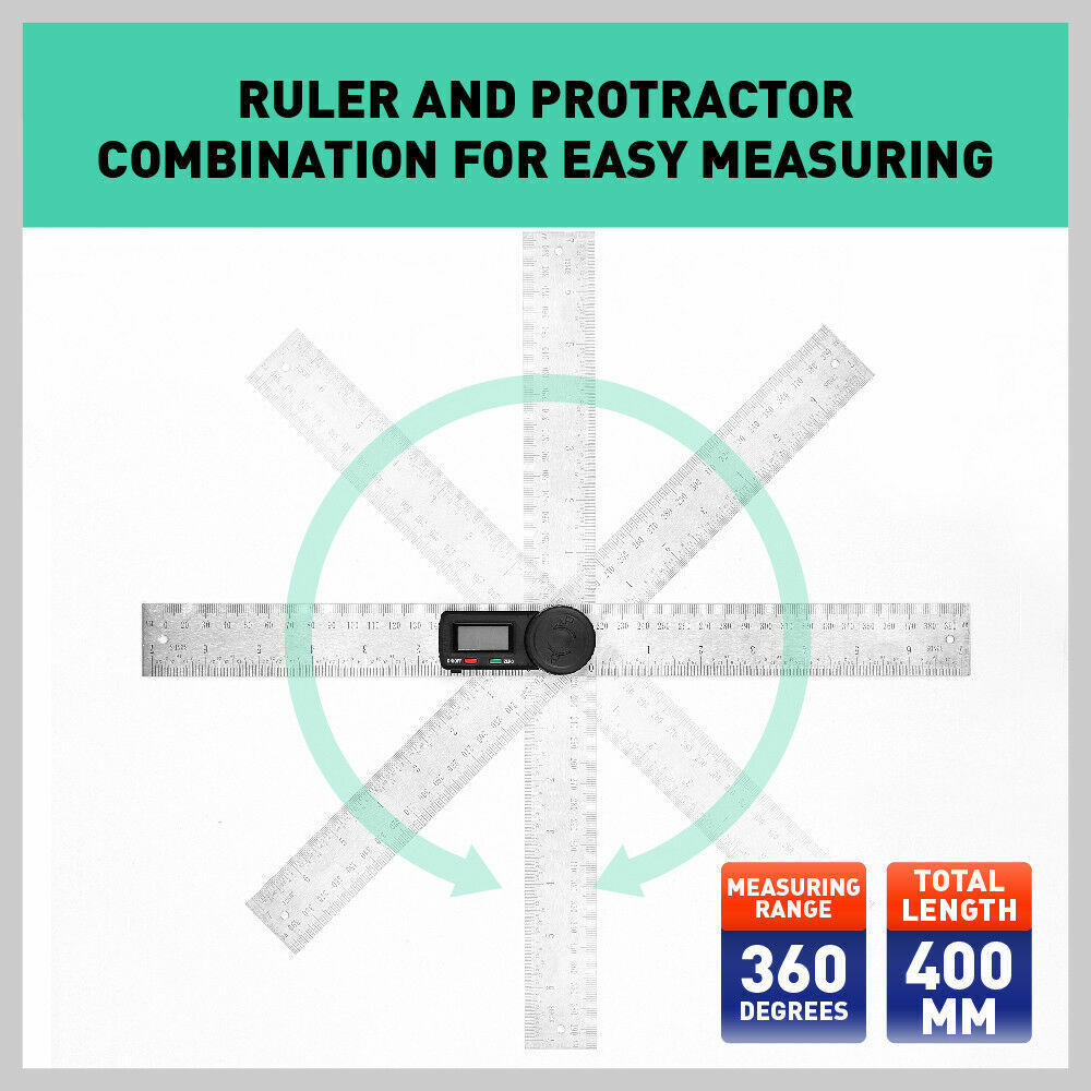 Stainless steel 200mm digital angle finder with LCD display showing 0-360 degrees measurement range