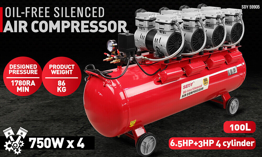 SEDY 100L Oil-Free Silent Air Compressor with Dual Twin-Cylinder Motors and Quiet Vortex Technology