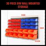 Wall-mounted storage bins rack with 30 durable bins in various colors for organized workshop and garage storage.
