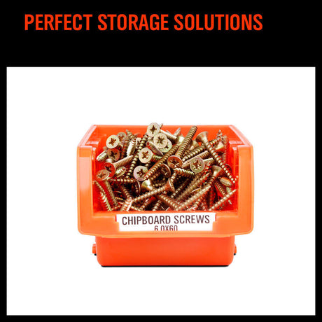 Robust Wall Mounted Bins Rack featuring 8 orange stackable plastic storage trays and 3 plastic racking, ideal for organizing small parts, tools, fishing tackle, and craft supplies. Designed to mount easily on pegboard, slot wall, or wooden studs, offering a versatile and space-saving solution for any workshop, garage, or hobby room