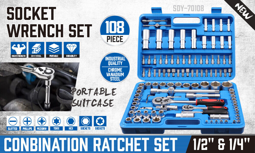 HORUSDY 108-Piece Comprehensive Socket Set with Ratchet Wrenches, Torx, Hex, and Deep Sockets, Extensions, and Screwdriver Bits in a Durable Carry Box