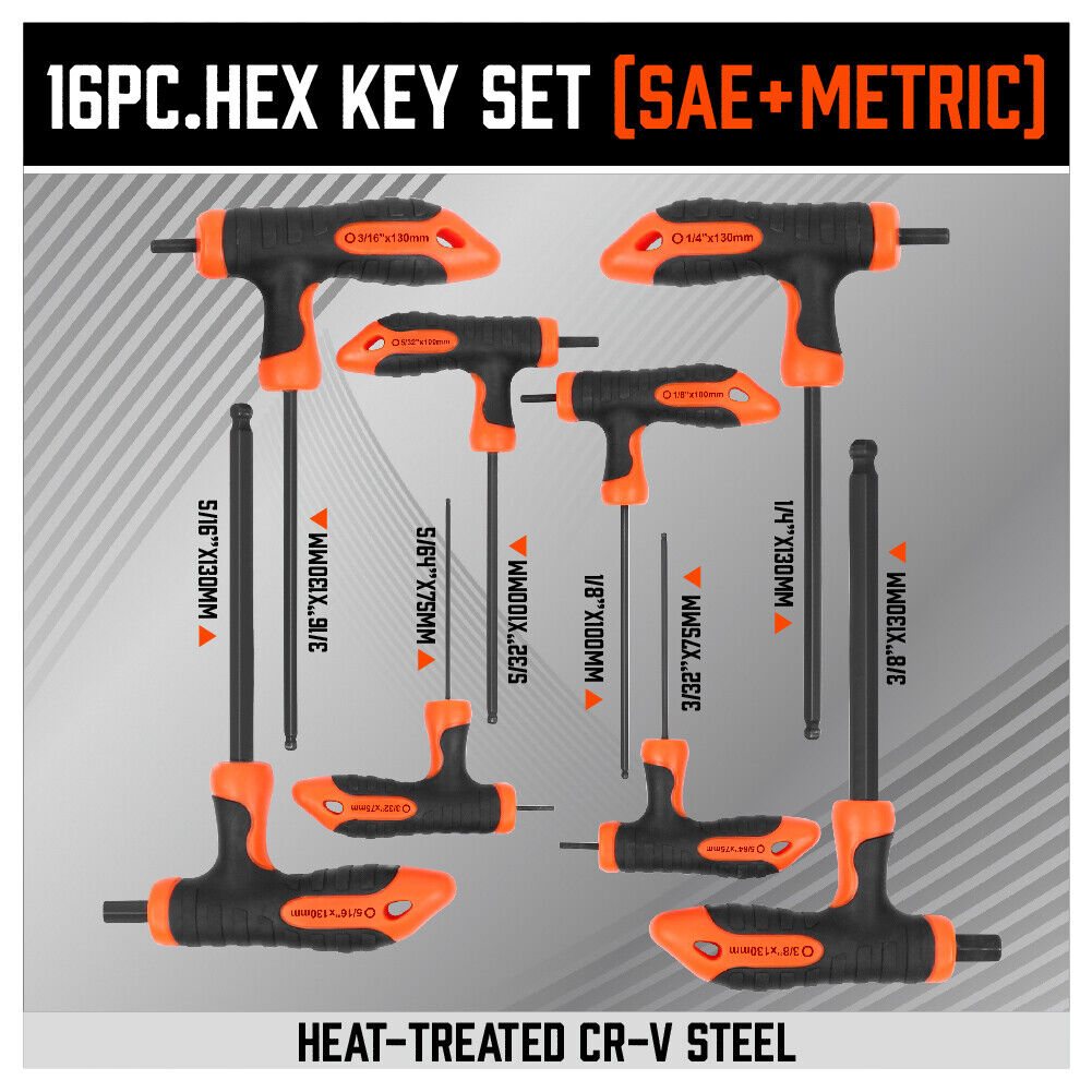 16-Piece T-Handle Hex Wrench Set - Allen Keys with Ball End and Ergonomic Grip in Metric and SAE