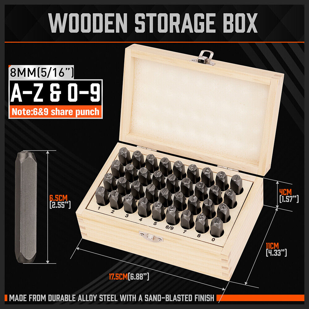 HORUSDY 36-Piece Carbon Steel Stamp Punch Set - 8mm Letters and Numbers with Wooden Storage Box
