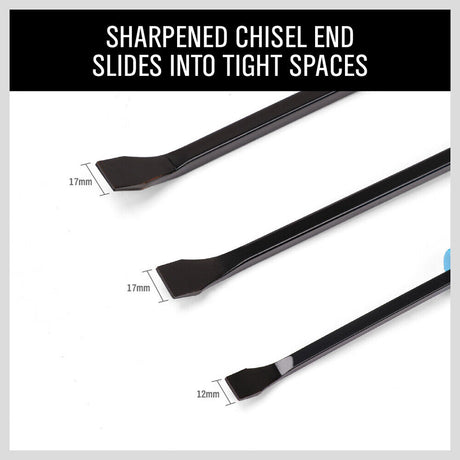 Four-Piece Steel Pry Bar Set, featuring heavy-duty drop-forged steel construction. The set includes pry bars in sizes 17 inches, 11 inches, 8 inches, and 7 inches. Each pry bar has a black oxide finish and a robust PVC square handle, making them ideal for mechanics and panel beaters for various prying and nail-pulling tasks