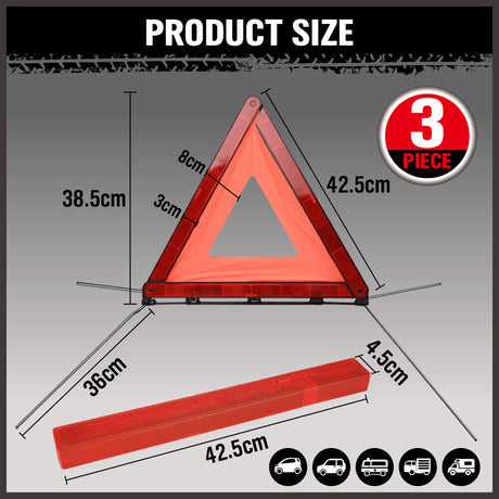 Set of 3 high-quality, durable emergency warning triangles with fluorescent orange frames and red acrylic reflectors, ideal for roadside safety.