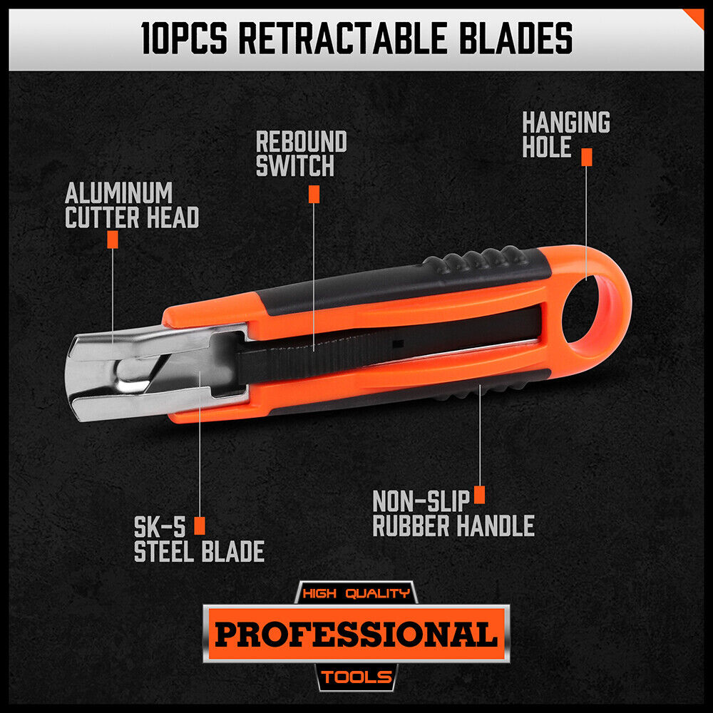 Set of four retractable box cutters with grip handles and 10 additional spare blades, ideal for cutting cardboard, paper, PVC, and crafts