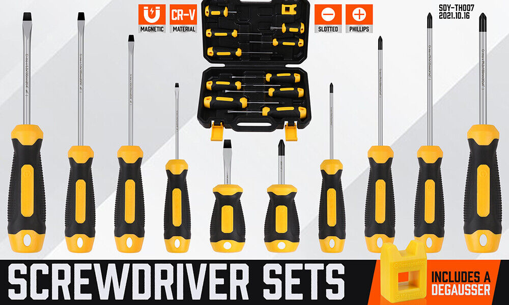 10-Piece Magnetic Screwdriver Set with Ergonomic Non-Slip Handles, Phillips and Flat Heads, Including Degausser and Storage Case