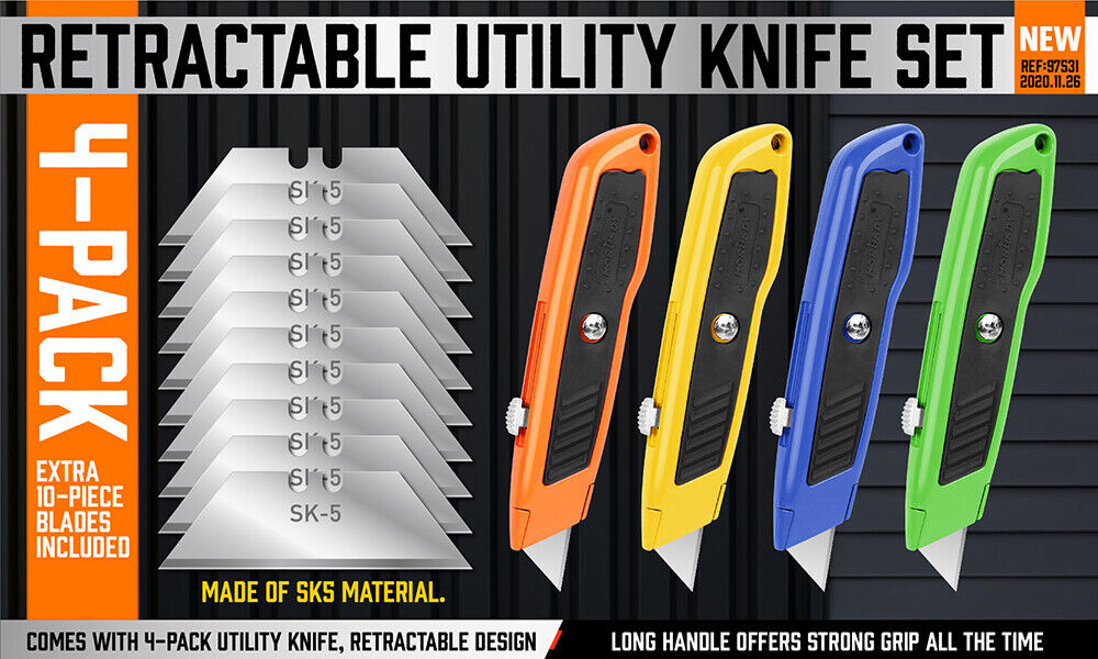 Set of 4 utility knives with snap-off blades, featuring retractable grip handles and a pack of 10 spare blades. Ideal for daily use in cutting cardboard, paper, wires, PVC, and crafts