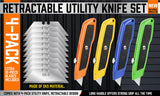Set of 4 utility knives with snap-off blades, featuring retractable grip handles and a pack of 10 spare blades. Ideal for daily use in cutting cardboard, paper, wires, PVC, and crafts