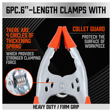 Set of 6 Heavy Duty 6-Inch Spring Clamps with Non-Slip Rubber Grip and 2.5-Inch Jaw Opening for Carpentry and DIY
