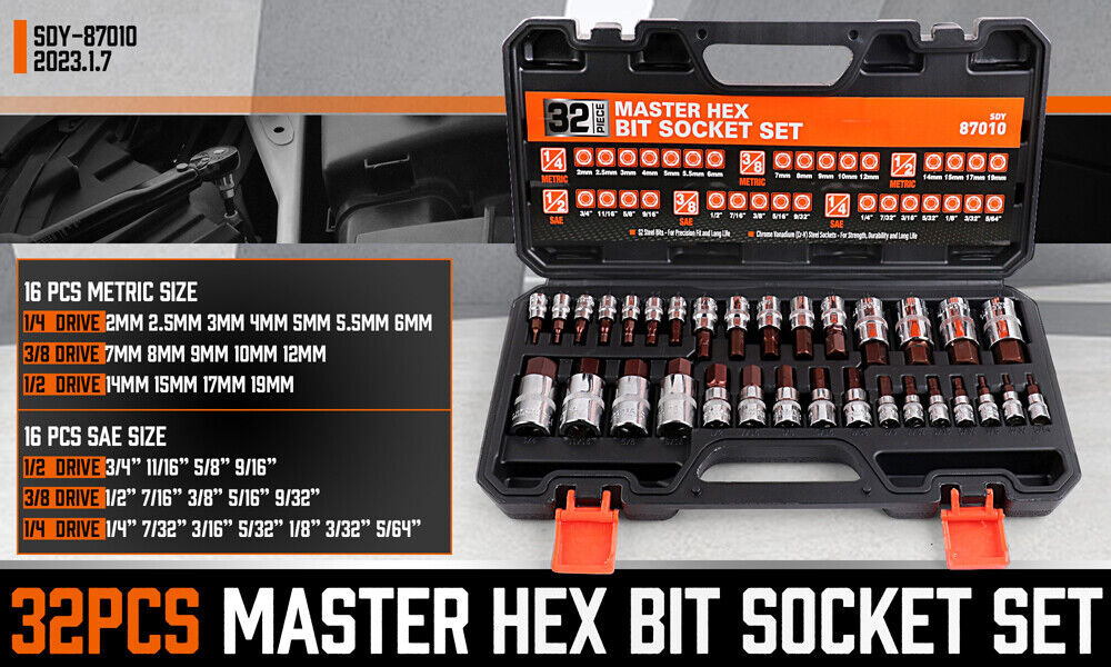 EACELIY 32-Piece Master Hex Bit Socket Set - SAE & Metric, 1/4", 3/8", 1/2" Drive, S2 Steel