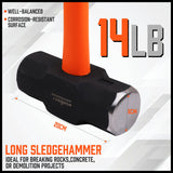 HORUSDY 14LB Steel Hammer, Double Octagonal Head, Impact-Resistant with Gripped Fiber Glass Rubber Handle for Stability