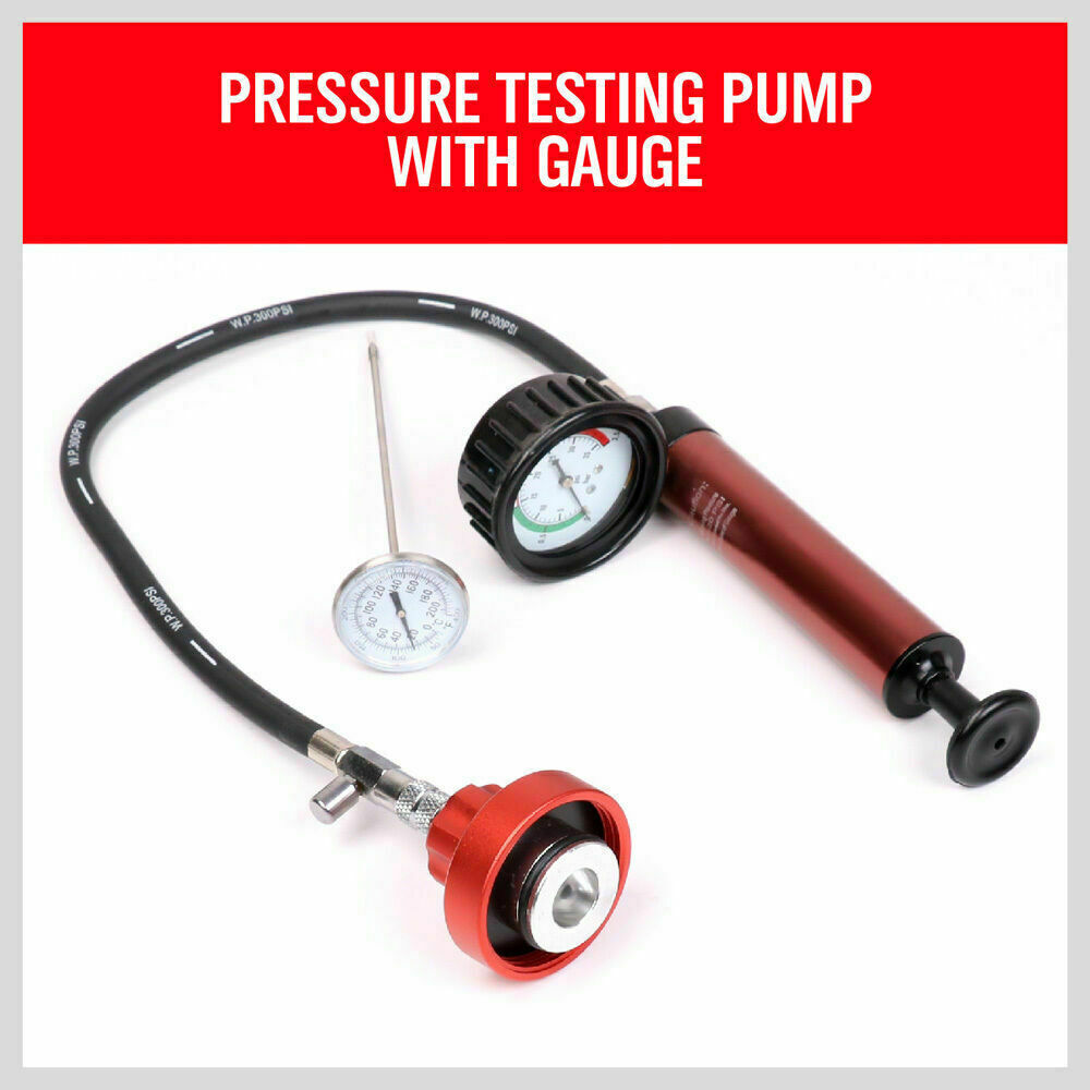 Universal Cooling System Radiator Pressure Tester Kit, essential for detecting leaks in vehicle cooling systems. Compatible with numerous vehicle brands like Audi, BMW, Fiat, Ford, and many more. Features heavy-duty pump, easy-to-read scale, color-coded aluminum radiator caps, and a long hose with a quick release valve. Includes thermometer and packed in a durable carry-case