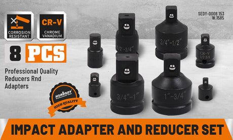 Durable 8-Piece Impact Socket Reducer Set - Includes Adaptors for Ratchet Wrenches in Various Sizes, with a Unique Storage Case