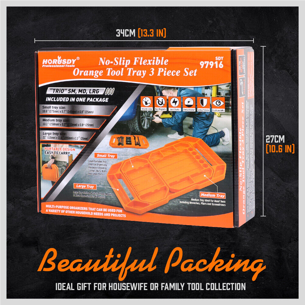 Set of three non-slip, flexible silicone tool trays in different sizes for organizing parts and tools in a workshop.