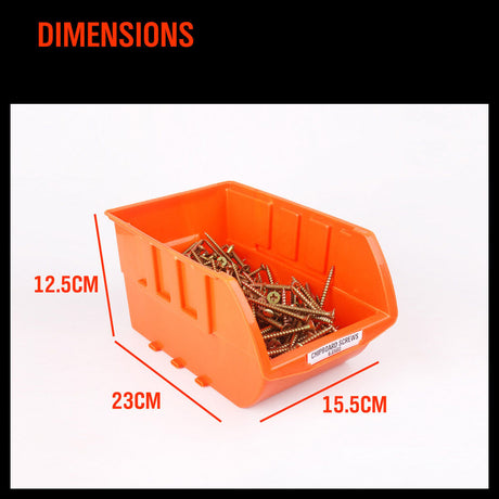 Red and orange stackable plastic parts storage bins with wall-mounted rack, ideal for organizing small tools, fishing tackle, and craft supplies