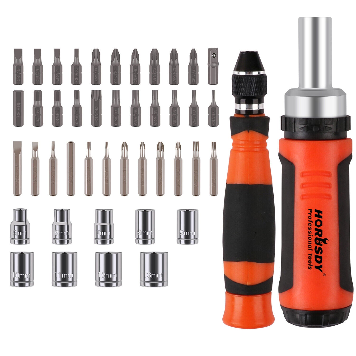 Comprehensive 45-Piece Precision Screwdriver Set with Ratchet Magnetic Driver, including a variety of sockets and bits for diverse applications