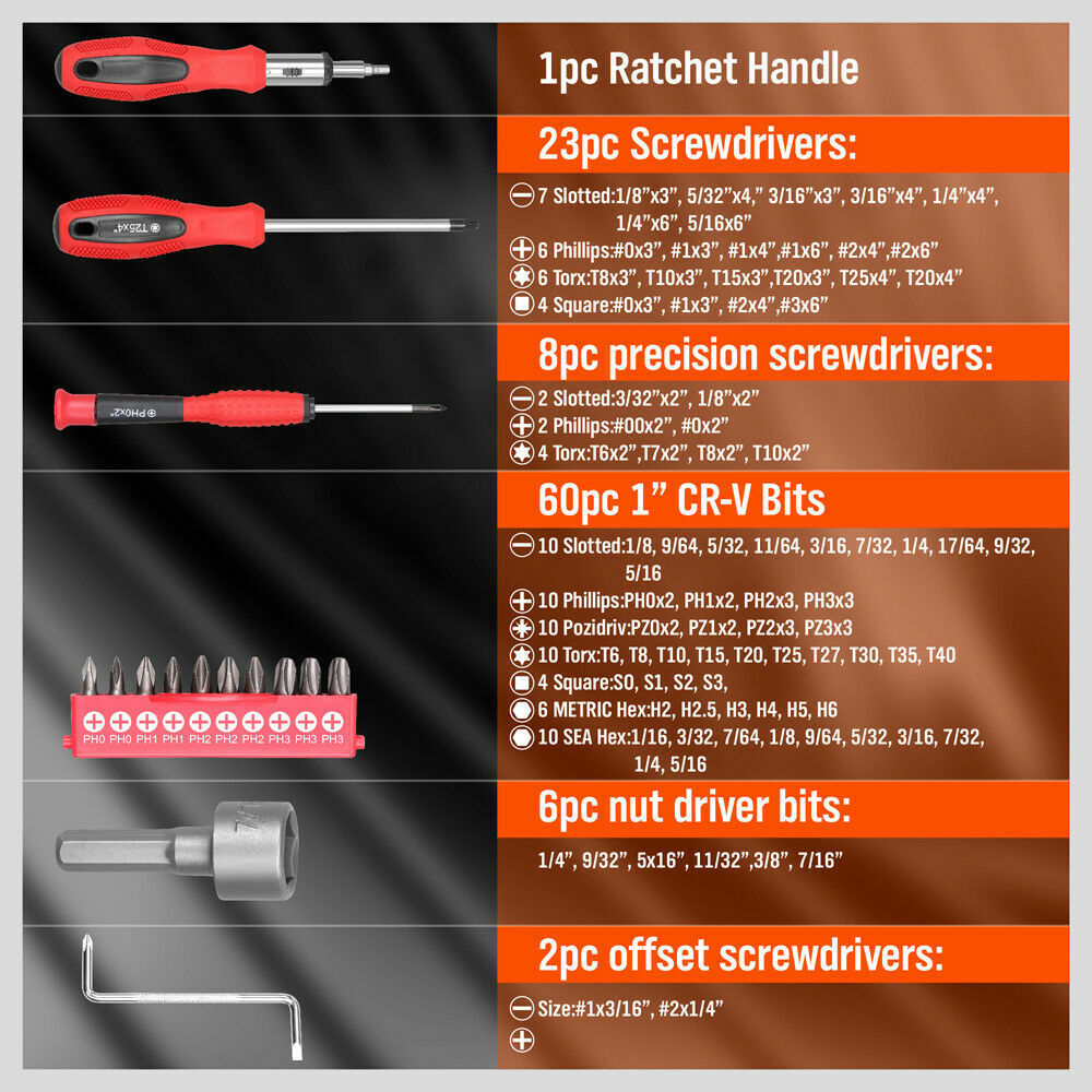 Versatile 100pc Screwdriver Set with Multiple Bits Including Slot, Pozi, Hex, Star, and Square in a Red and Black Rack