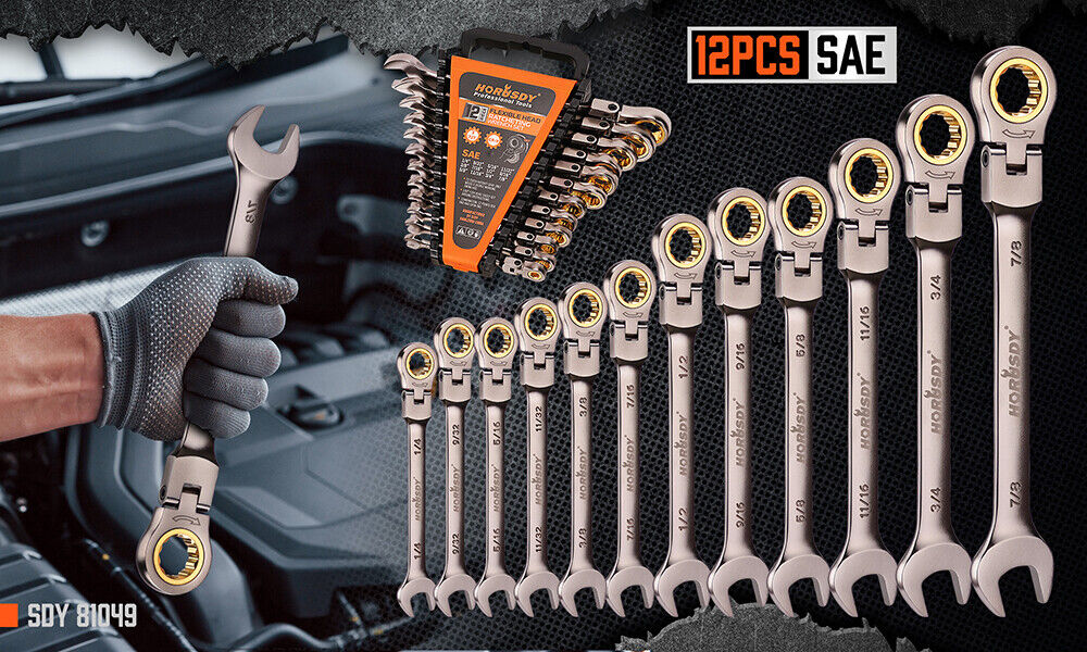 HORUSDY 12-Piece SAE Ratchet Spanner Set, 72-Tooth Precision, Flexible Head, Chrome Vanadium Steel, Nickel-Chromium Finish, Sizes 1/4" to 7/8