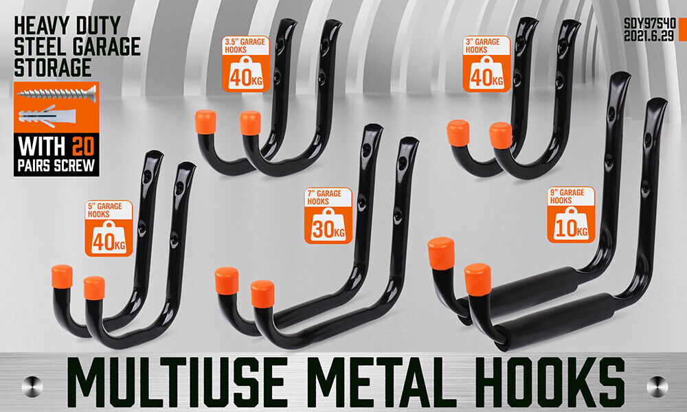Set of 10 Heavy Duty Steel Wall Mount Hooks in Various Sizes for Garage and Utility Storage