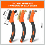 Durable 3-piece wire brush set with brass, stainless steel, and nylon brushes, each 170mm long, perfect for cleaning and polishing various surfaces.