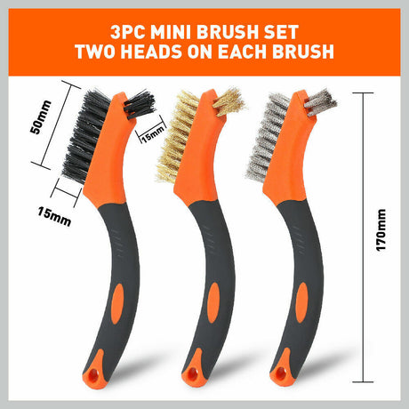 Durable 3-piece wire brush set with brass, stainless steel, and nylon brushes, each 170mm long, perfect for cleaning and polishing various surfaces.