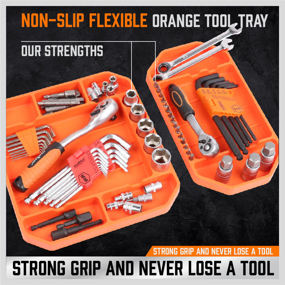 Set of three non-slip, flexible silicone tool trays in different sizes for organizing parts and tools in a workshop.