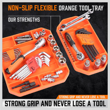Set of three non-slip, flexible silicone tool trays in different sizes for organizing parts and tools in a workshop.