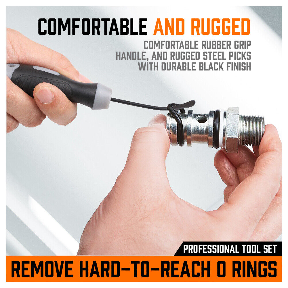 Four-piece Seal and O-Ring Removal Tool Set, designed for easy and damage-free removal of seals and O-rings. This set includes two contoured tips and two spoon tips, crafted from durable and solid chrome vanadium (CR-V) material, perfect for automotive and machinery maintenance