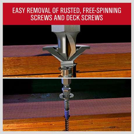 Four-piece set of damaged screw extractors, designed for easy removal of broken screws and bolts in sizes No. 4 to No. 24, suitable for use in automobiles, furniture, toys, and appliances. The set is presented in a charcoal grey plastic case