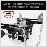 Sturdy 500KG Transmission Jack Adapter in black, featuring an adjustable saddle, corner brackets for universal fit, safety chains, and an automatic release valve. Constructed from heavy-duty steel for maximum durability