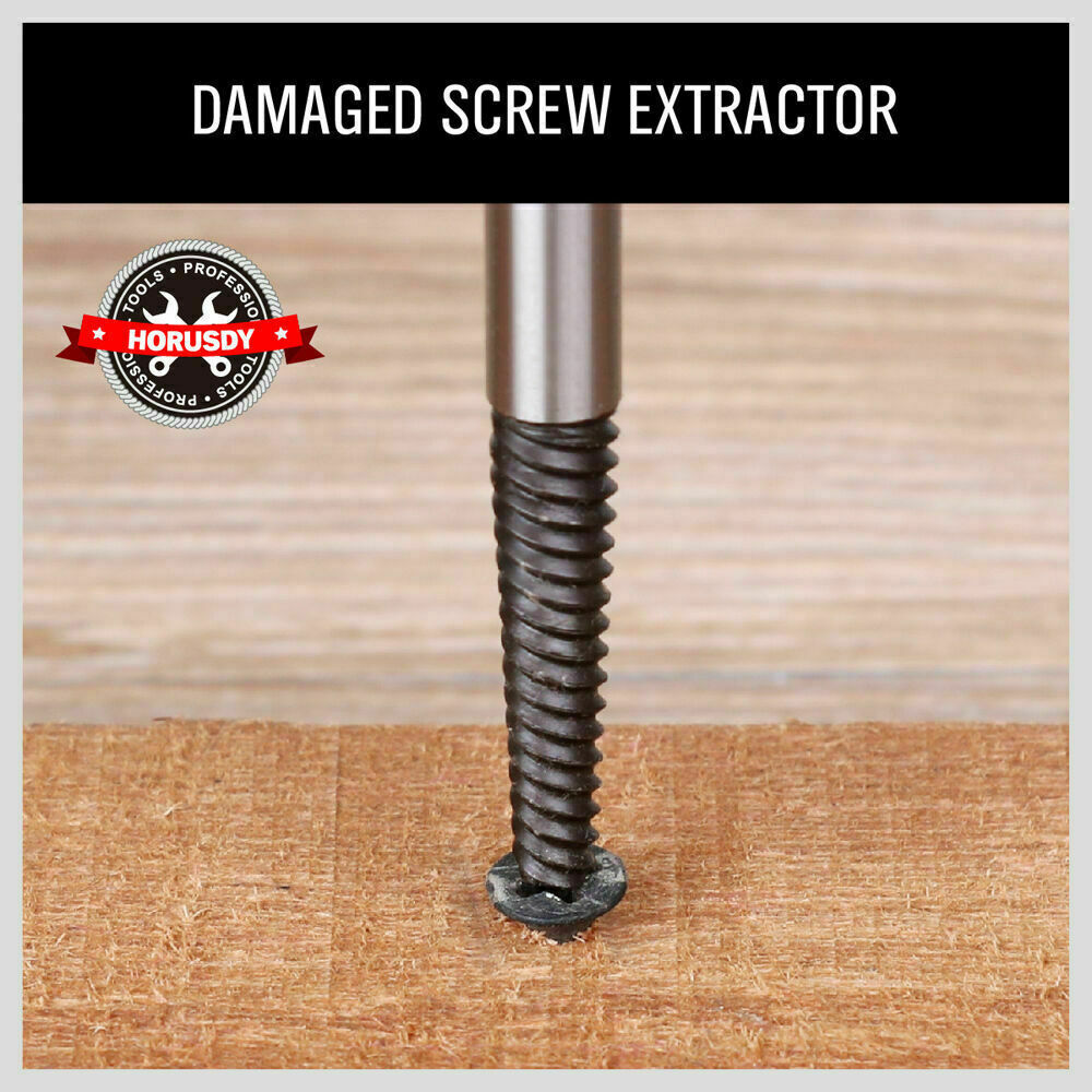 Heavy-duty 6Pc Damaged Screw Extractor Kit designed for easy removal of stripped, rusted, or broken screws and bolts. Includes reverse thread bits in various sizes with durable black oxidation finish.