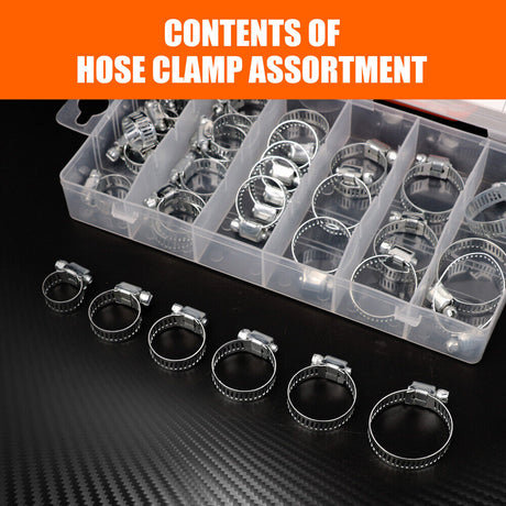 Durable 34Pc Assorted Hose Clamp Set with 6 Sizes for Fuel Lines and Pipes