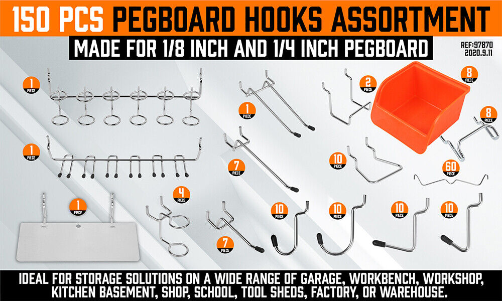 Extensive 150-Piece Pegboard Hook Set with Assorted Organizers and Bins for Tool Storage