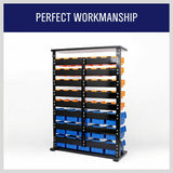 Wall-mounted bin storage rack with 50 bins for efficient organization of tools and parts in your garage.