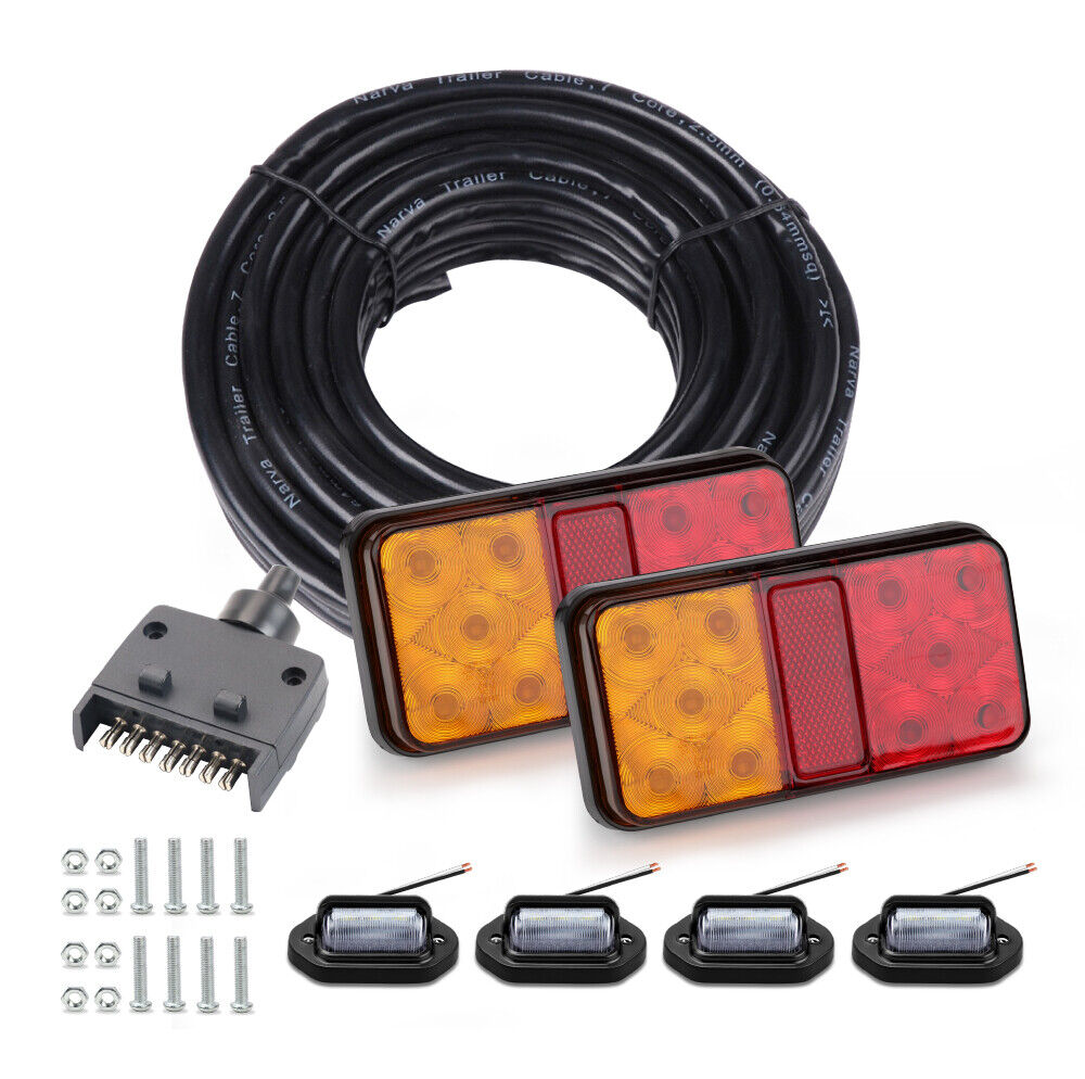 LED Trailer Tail Light Kit for Caravan Ute 7 Pin Flat Plug - Brake, Tail, Turn Signal, Reflector Lights