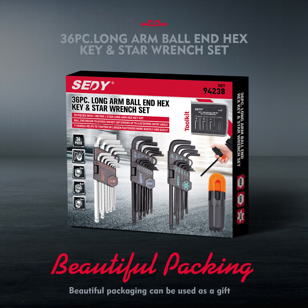 36Pc hex/torx key set, metric/imperial, handle, hard case, chrome vanadium steel, pro/DIY