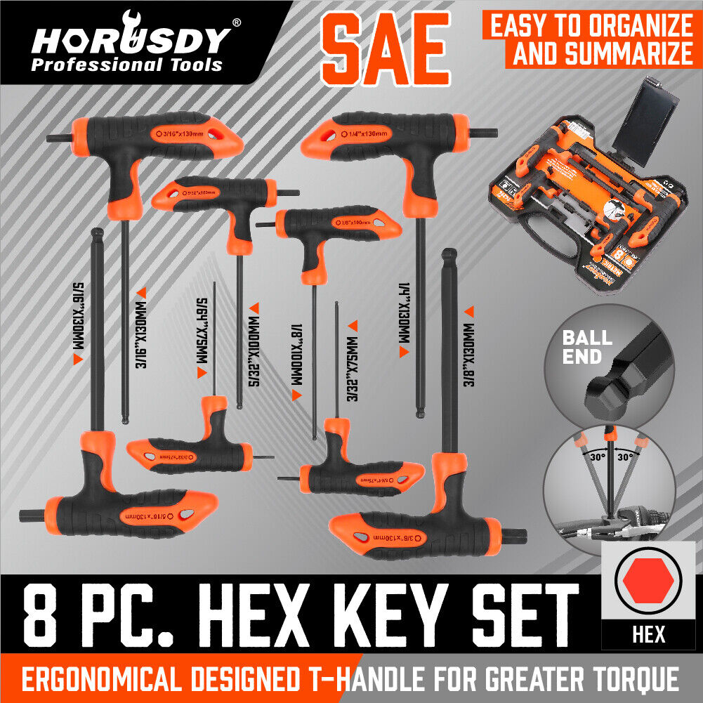 16-piece set of T-handle hex wrenches with ball ends, metric and imperial sizes, featuring ergonomic grips for comfortable use